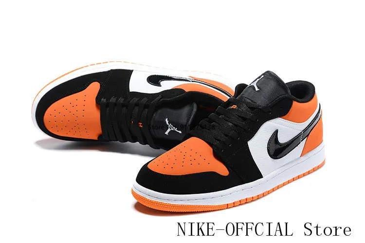 AIR JORDAN 1-Padded Skateboarding Shoes for Men and Women, Comfortable Breathable, Non-slip, Size 36-46, White, Orange and Black